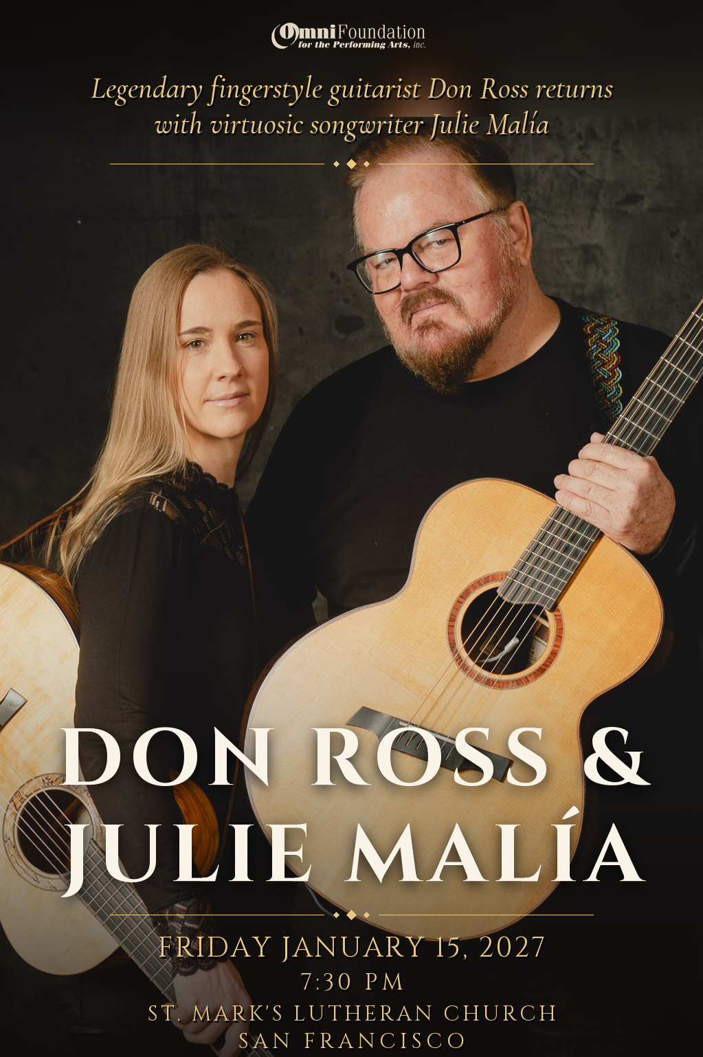 Don Ross & Julie Malía concert poster for January 15, 2027